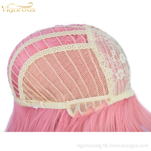Vigorous Good quality Long Synthetic Heat Resistant Full Cheap Long Pink Fluffy Curly Wavy Hair Wigs With Bangs